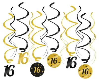 Geburtstags-Deckenspiralen, Schwarz-Gold, 18 St., Papier