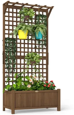 Produktbild von Hochbeet mit Spalier und Dach, Pflanzkasten, Blumenbeet, wetterfest, Holz, 90 x 45 x 183 cm, Braun