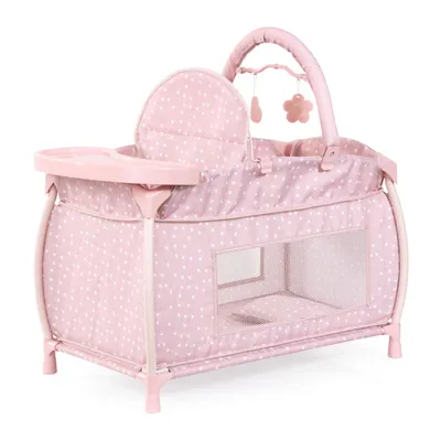 Produktbild von Bayer Design 62811AA Puppenbett mit integriertem Hochstuhl, Esstablett, Mobile, Bettdecke, Kissen, modern, für Puppen bis 46 cm