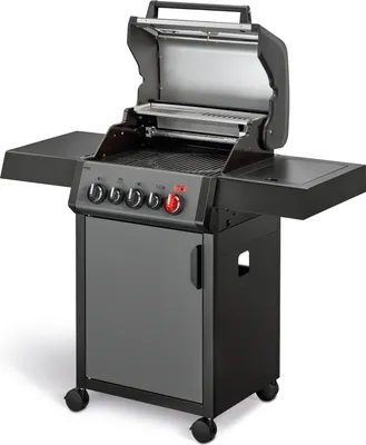 A black gas grill with the lid open, shown on a white background.