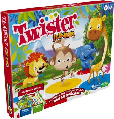 The image shows the packaging of the Twister Junior board game, featuring cartoon animals and colorful game elements.