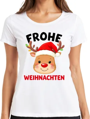 Produktbild von Frohe Weihnachten Rentier Rudolf rote Nase lustig Kinder Geschenk Damen T-Shirt, Weiß, XXL