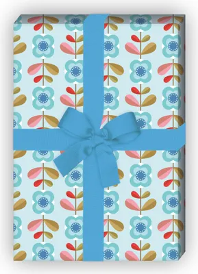 Produktbild von Retro Vintage Blumen Geschenkpapier hellblau, im 70er Jahre Stil - G12350, 32 x 48cm
