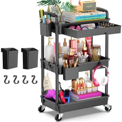 Produktbild von Dreistöckiger Servierwagen mit Schublade, multifunktionaler Wagen mit Kunststoffablage und feststellbaren Rollen, geeignet für Küche, Bad, Büro und Wohnzimmer, schwarz