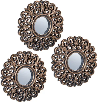 Produktbild von Relaxdays Spiegel 3er Set, barocker Deko-Wandspiegel, Wohnzimmer, Flur, Ø je 25 cm, Kunststoff-Rahmen, bronze/schwarz