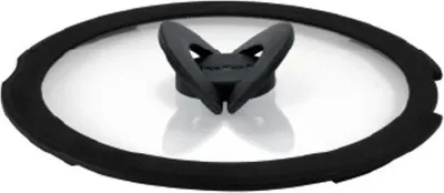 A close-up shot of a glass lid for cookware with a black rubber rim and a black handle.