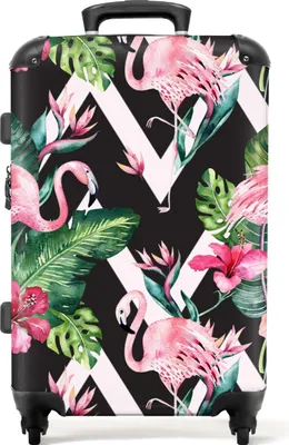 Produktbild von NoBoringSuitcases.com® Großer Koffer - Flamingo - Blumen - Rosa - Schwarz und weiß - Frauen - Kombinationsschloss TSA - Hartschalen Trolley 4 Rollen - 72 liter - Reisekoffer - 66 cmKoffer Mittelgroß 67x43x25 cm, 72L,