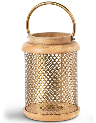 Productafbeelding van DRW Lantaarnhouder van hout en metaal in goud, 19 x 19 x 28 cm