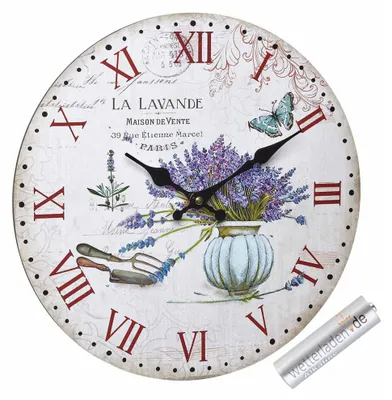 Produktbild von Analoge Wanduhr Vintage TFA 60.3045 große Quarzuhr 337 mm Retro Motiv Holzoptik : 60.3045.14 La lavande : mit Batterie