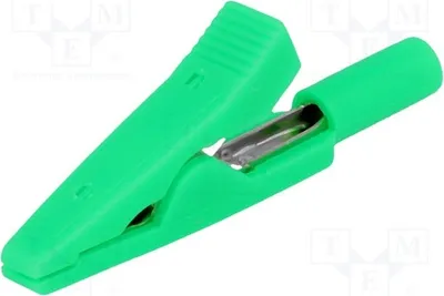 Image de 2 pinces crocodiles vertes, longueur totale : 41,5 mm, 60 V DC, 10 A. Contacts : laiton. Pince crocodile