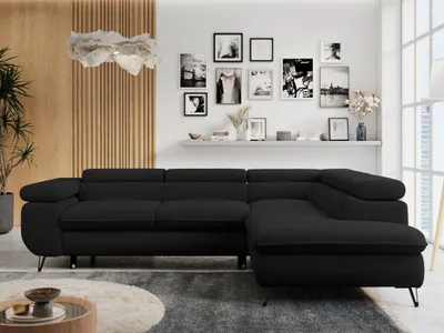 Produktbild von Ecksofa Sofa Schwarz, Wohnlandschaft L-Form mit Schlaffunktion und Bettkasten, Schlafsofa mit Bettkasten, Sofa mit Einstellbare Kopfstützen, Peter L - Schwarz Boucle - Rechts Schwarz