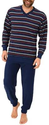 Produktbild von Langer Herren Frottee Pyjama Schlafanzug mit Bündchen - Streifenoptik - 291 101 13 649 ; marine , 54