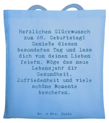 Produktbild von Mr. & Mrs. Panda Tote Bag Spruch 68. Geburtstag Freude - Sky Blue - Geschenk, von deinen Lieben feiern, Shopping Tasche, Jutebeutel, Schultasche, Happy Birthday, Alter