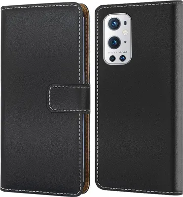 A black flip-style phone case for a OnePlus 9 Pro is shown, with the phone inside the case on the right side of the image.