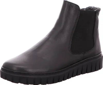 A single black Chelsea boot is shown against a white background.
