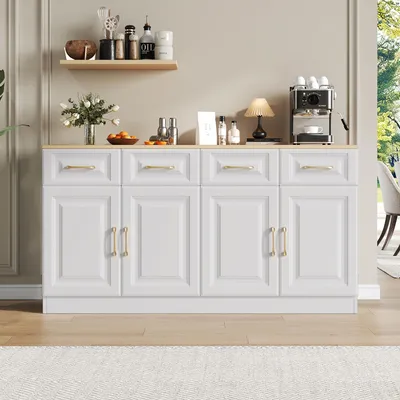Produktbild von 140 cm Sideboard-Buffetschrank mit Stauraum, Kaffeebarschrank mit 4 Schubladen und 4 Scheunentüren, langer Lagerschrank im modernen Bauernhausstil, weißes Holz, für Küche, Esszimmer, Wohnzimmer