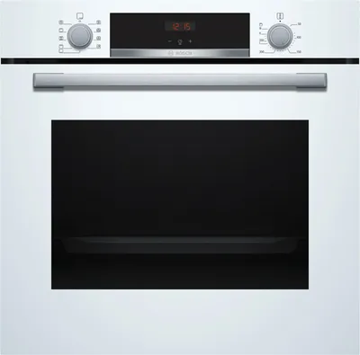 A front view of a white Bosch oven.