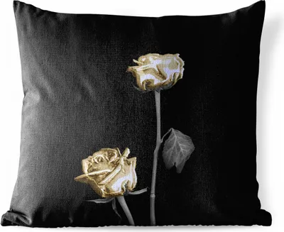 Produktbild von MuchoWow® Outdoor Kissen - Rosen - Blumen - Schwarz - Weiß - Gold - 40x40 cm - Wetterfest - Lounge Kissen - Kopfkissen - Interieur - Polster mit Bild