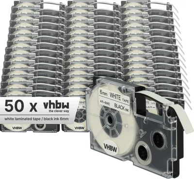 Produktbild von vhbw 50x Schriftband-Kassette Ersatz für Casio XR-6WE1, XR-6WE für Etiketten-Drucker 8m x 6mm Schwarz auf Weiß