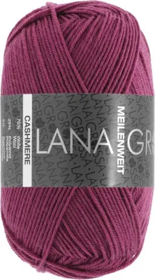 A ball of fuchsia-colored yarn with a label wrapped around it.