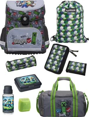 Produktbild von Grauer Minecraft Schulranzen für 1. bis 4. Klasse - Set 9-teilig mit Dose, Flasche und Sporttasche - Schultasche Jungen, ergonomisch, leicht, geräumig