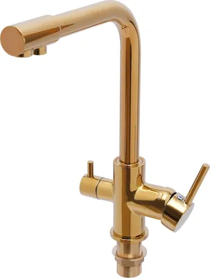 A gold kitchen faucet on a white background.