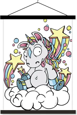 Produktbild von MuchoWow® Textilposter Eine Illustration eines weißen Einhorns auf einer Wolke - Mädchen - Kinder - Kinder 60x80 cm mit schwarzem Rahmen - Plakathalter