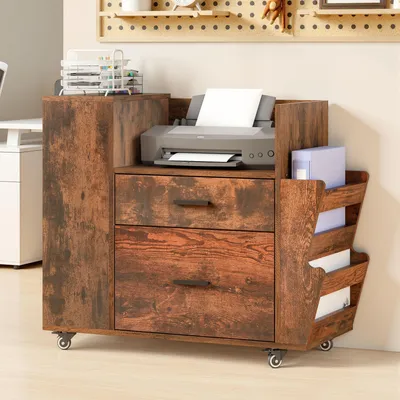 Produktbild von Aktenschrank Rollcontainer, Büroschrank, mit 2 Schubladen, Seitenhaltern, Druckertisch, Aufbewahrungsschrank, Braun