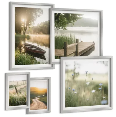 Produktbild von Bilder Set 5-teilig im silbergerahmten Rahmen – Wandbilder 5 Stück – gerahmte Poster für Wohnzimmer, Schlafzimmer und Flur – 50x50 cm - 40x60 cm – Libellen im Gras, Wassermalerei
