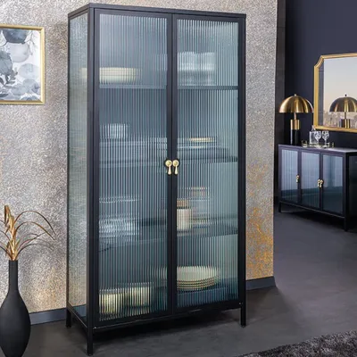 Produktbild von Moderner Vitrinen-Schrank TRIADO 160cm schwarz Metall Riffelglas