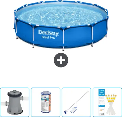 Produktbild von Bestway Round Steel Pro Swimmingpool – 366 x 76 cm – Blau – inklusive Pumpe Filter - Reinigungskit - Teststreifen