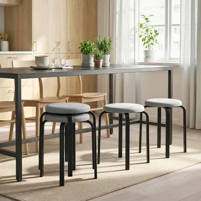 Produktbild von SUGIFT Stapelhocker 4er-Set gepolstert, Runder Sitzhocker ohne Rückenlehne stapelbar, Polyester-Bezug, Grau | 40 x 40 x 45 cm | 4er-Set | Stahlgestell