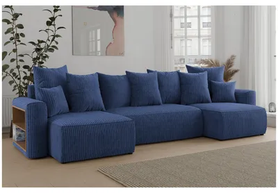 Produktbild von MEBLINI Schlafcouch mit Bettkasten - 312x142x73cm - Blau Cordstoff - Solaria - Ecksofa mit Schlaffunktion - Sofa mit Relaxfunktion und Kopfstützen - Couch U-Form - Eckcouch - Wohnlandschaft