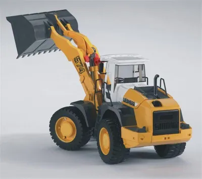 A model of a yellow and white Liebherr L574 wheel loader.