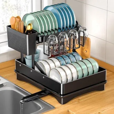 Obrázek produktu pro Odkapávací stojan z nerezové oceli s držákem na příbory a krájecí deskou