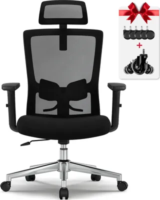 A black ergonomic office chair with a headrest and armrests is shown against a white background. To the right, a graphic displays a red bow on a white gift box, with a set of black casters above a plus sign and another set of casters below.