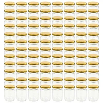 Zdjęcie produktu dla Szklane słoiki na dżem, złote pokrywki, 96 szt., 230 ml