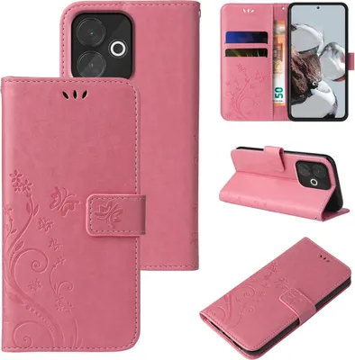 Collage of images showing a pink floral flip phone case from different angles, including its cardholder feature and stand function.