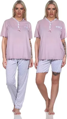 Produktbild von Damen 3 tlg. Pyjama Capri & lange Hose Shirt in kurzen Ärmeln; Altrosa/M/38