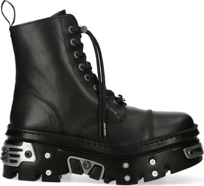 A studio shot of a single black boot.
