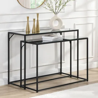 Produktbild von 2er Set Konsolentische FineBuy Flurtische Metall Glasplatte Modern Industrial