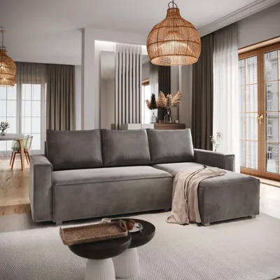 Zdjęcie produktu dla Masseno Narożnik SILES z funkcją spania i pojemnikiem na pościel Kształt L, Rozkładana sofa, Rogówka - Szary, MONOLITH 85