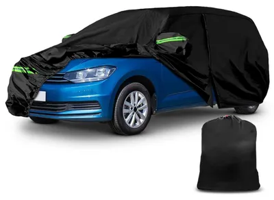 Obrázok produktu pre Ochranný obal na auto určený pre model VW Touran, výroba 2003-2023, čierna farba. Vhodný za všetkých poveternostných podmienok, s integrovaným zipsom a zámkom