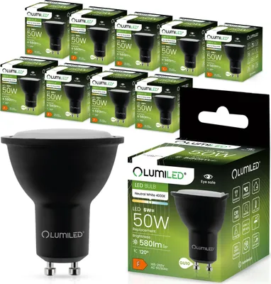 Produktbild von LUMILED GU10 LED 6W 580lm Leuchtmittel 4000K neutralweiß Lampe Strahler schwarz ersetzt 50W 120° Reflektorlampen Reflektor 10 Stück Lampen