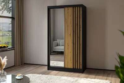 Produktbild von Schiebetürenschrank NELA II 120cm - 2-türig Kleiderschrank, Garderobe, Schrank mit Spiegeln & 2 Schubladen, Farbe: Schwarz+Artisan+Schwarz