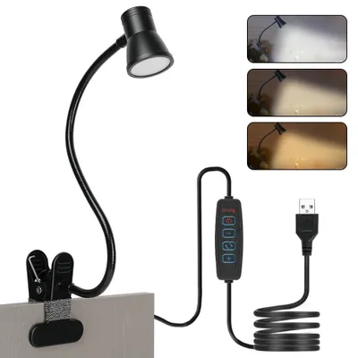 Obrázek produktu pro Stolní lampa s klipsnou, lampa s husím krkem, flexibilní, s 3 režimy osvětlení a 10 úrovněmi jasu, černá barva