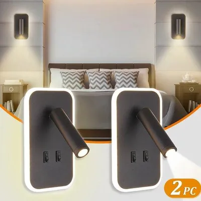 Image de Deux appliques murales à LED avec interrupteurs, style moderne ; comprenant une applique orientable de 3 W, pour la lecture ou comme veilleuse, lumière blanche.