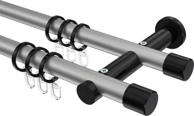 Produktbild von Interdeco Gardinenstange / Vorhangstange Silbergrau / Schwarz, Typ Platon Santo (Kappe), 20 mm Ø 2-läufig, 120 cm