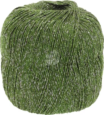 A ball of green yarn with silver threads.