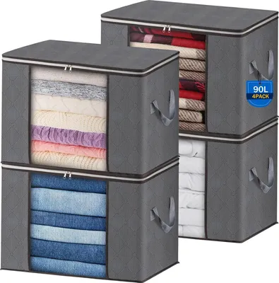 Productafbeelding van Set van 4 opbergzakken, 90 liter, 60x40x35 cm, inklapbaar, geschikt voor kleding en dekens